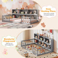 Twin Montessori Floor Bed, Wood Floor Bed Frame with Bookcase, Storage Shelves & Safety Fence Rails for Kids, No Box Spring Needed