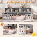 Twin Montessori Floor Bed, Wood Floor Bed Frame with Bookcase, Storage Shelves & Safety Fence Rails for Kids, No Box Spring Needed