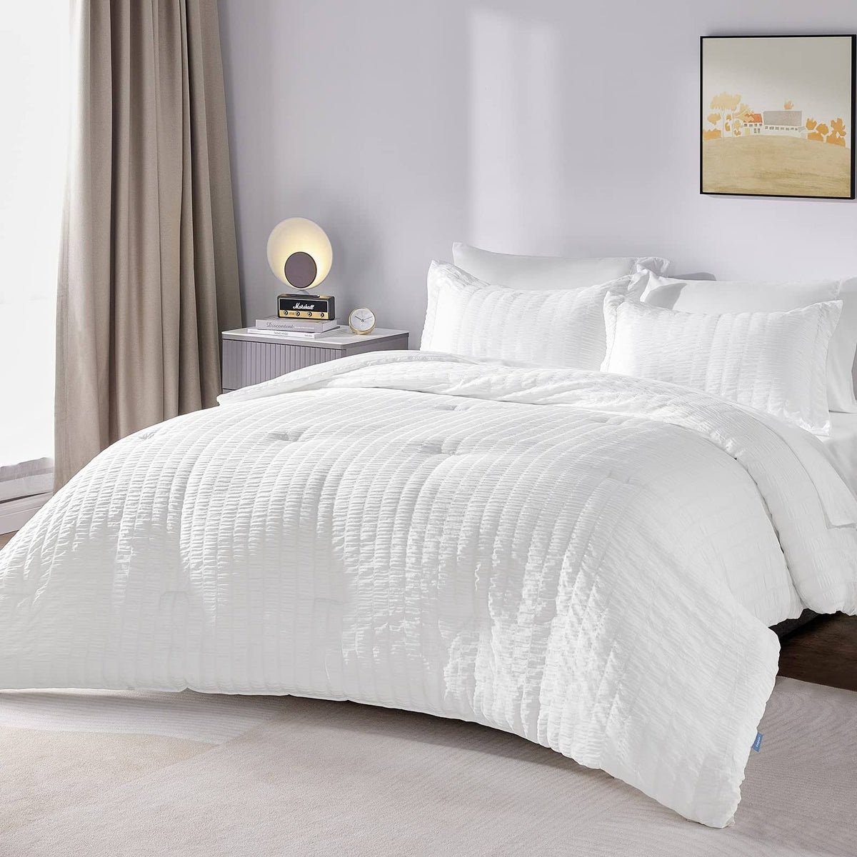 CozyLux Queen Bed in A Bag White Seersucker Comforter Set with Sheets 7-Pieces All Season Bedding Sets with Comforter, Pillow Sham, Flat Sheet, Fitted