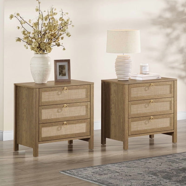 Surmoby Oak Boho 3 - Drawer Nightstand Set of 2 - Extra Wide Storage Night Stand with Gold Handles Large&Tall Bed Side Table for Bedroom Living Room Enterway