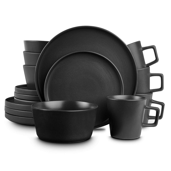 Stone Lain Coupe Dinnerware Set - Service for 4 - Black Matte - 16 Piece Stoneware