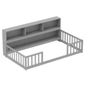 Twin Montessori Floor Bed, Wood Floor Bed Frame with Bookcase, Storage Shelves & Safety Fence Rails for Kids, No Box Spring Needed