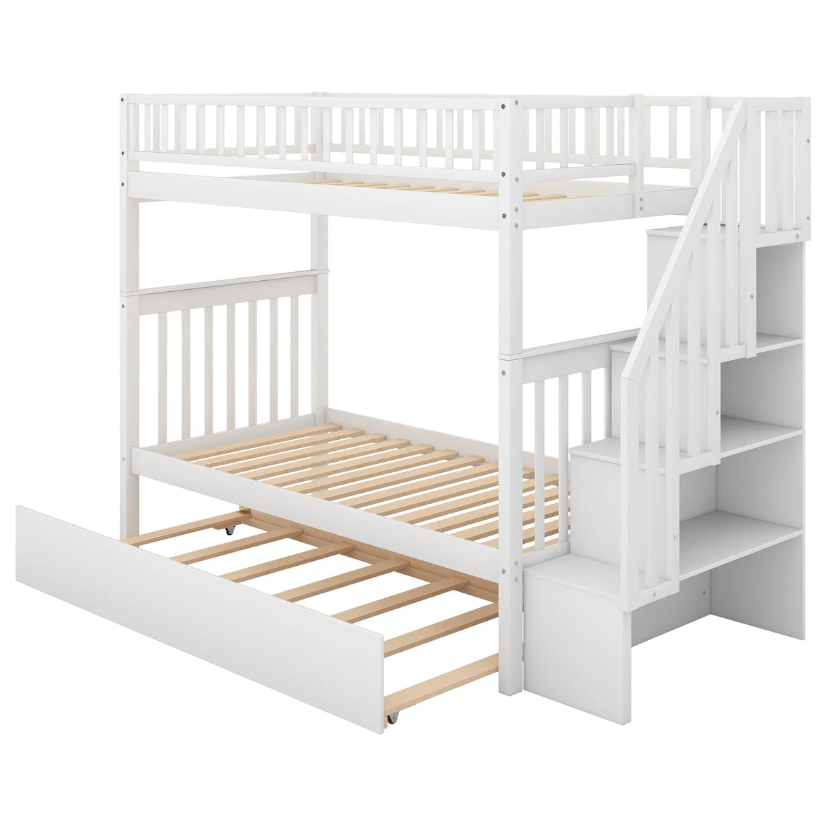AECOJOY Twin Over Twin Bunk Bed with Trundle and Storage, Solid Pine Wood White