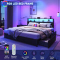 LED Full Bed Frame with Storage Headboard & 4 Drawers, Industrial Metal Platform Bed with Power Charging Station & USB Ports