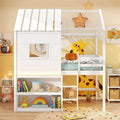 Twin Loft Bed with LED Lights, Wooden House Bed with Roof, Window, Storage Bookshelf, Ladder, Safety Guardrails & Under-Bed Play Space for Kids