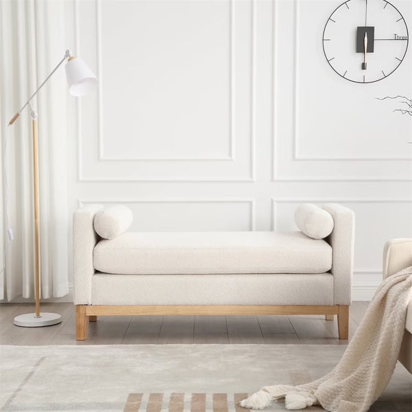 53.5"w Elegant Upholstered Bench with Wood Legs & Round Pillows, Comfy Boucle Fabric Footrest with Arms, Entryway Bench for End of Bed, Bedroom and Living Room, Ivory