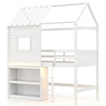 Twin Loft Bed with LED Lights, Wooden House Bed with Roof, Window, Storage Bookshelf, Ladder, Safety Guardrails & Under-Bed Play Space for Kids