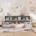 Twin Montessori Floor Bed, Wood Floor Bed Frame with Bookcase, Storage Shelves & Safety Fence Rails for Kids, No Box Spring Needed