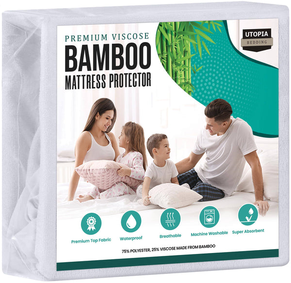 Utopia Bedding Waterproof Bamboo Viscose Mattress Protector Twin size, Mattress Cover, Breathable, Fitted Style with Stretchable Pockets