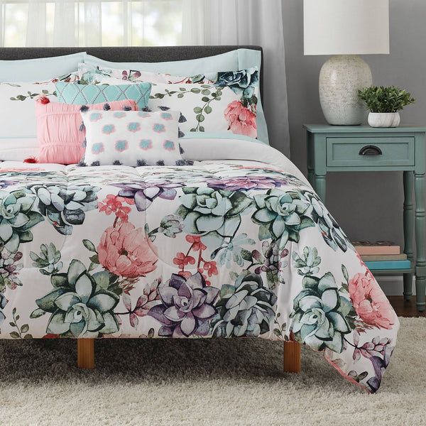 Mainstays Jade Floral 10-Piece Bed in A Bag Bedding Set w/Bonus Sheet Set + Pillows Full