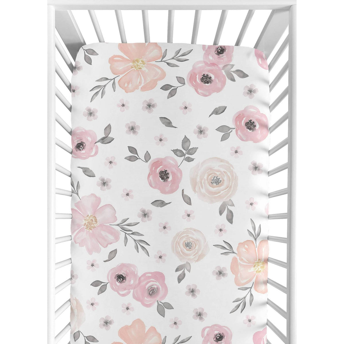 Sweet Jojo Designs Blush Pink, Grey and White Baby or Toddler Fitted Crib Sheet for Watercolor Floral Collection