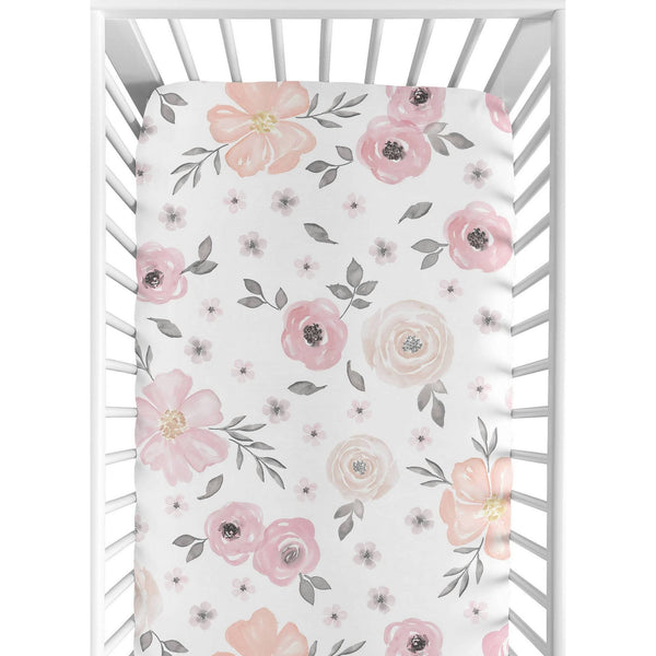 Sweet Jojo Designs Blush Pink, Grey and White Baby or Toddler Fitted Crib Sheet for Watercolor Floral Collection