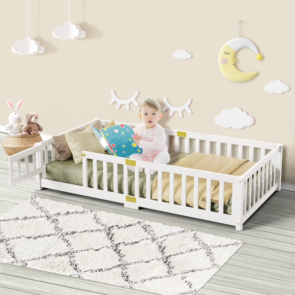Slsy Twin Size Toddler Floor Bed, Solid Wood Montessori Bed Frame with Fence & Door Montessori Floor Bed Crib with Safety Guardrails for Girls and Boys