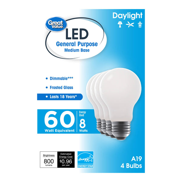 Great Value 18 Year LED Light Bulbs, A19 60 Watts Equivalent, 8 Watts Efficient, Dimmable, Daylight, Frosted Glass, 4 Pack 41684