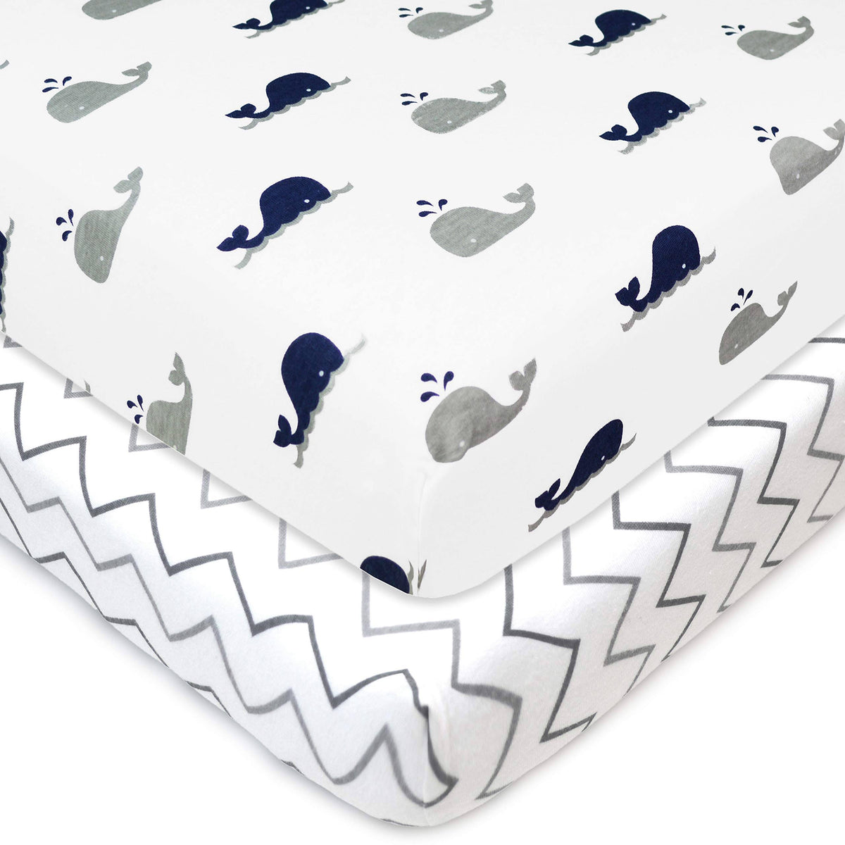 American Baby Company Printed 100% Natural Cotton Jersey Knit Fitted PortableMini-crib Sheet, Navy Whalegrey Zigzag, Soft Breath