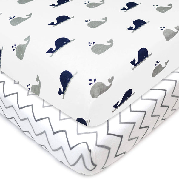 American Baby Company Printed 100% Natural Cotton Jersey Knit Fitted PortableMini-crib Sheet, Navy Whalegrey Zigzag, Soft Breath