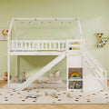 Twin Over Twin Bunk Bed House Design with Slide, Staircases & Storage Compartments, No Box Spring Needed, Wood Twin Floor Bed for Kids Teens