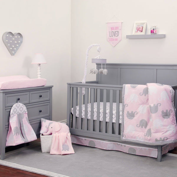 NoJo Dreamer Elephant 8-Piece Crib Bedding Set in Pink/Grey