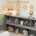 Twin Montessori Floor Bed, Wood Floor Bed Frame with Bookcase, Storage Shelves & Safety Fence Rails for Kids, No Box Spring Needed