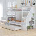 AECOJOY Twin Over Twin Bunk Bed with Trundle and Storage, Solid Pine Wood White