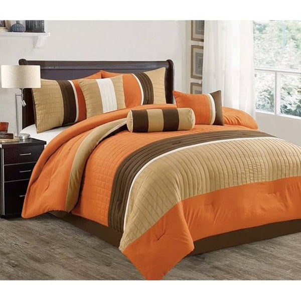 Shatex Bed in A Bag - 7 Piece Luxury Microfiber Striped Bedding Comforter Set - Oversized Bedroom Comforters - Orange - California King
