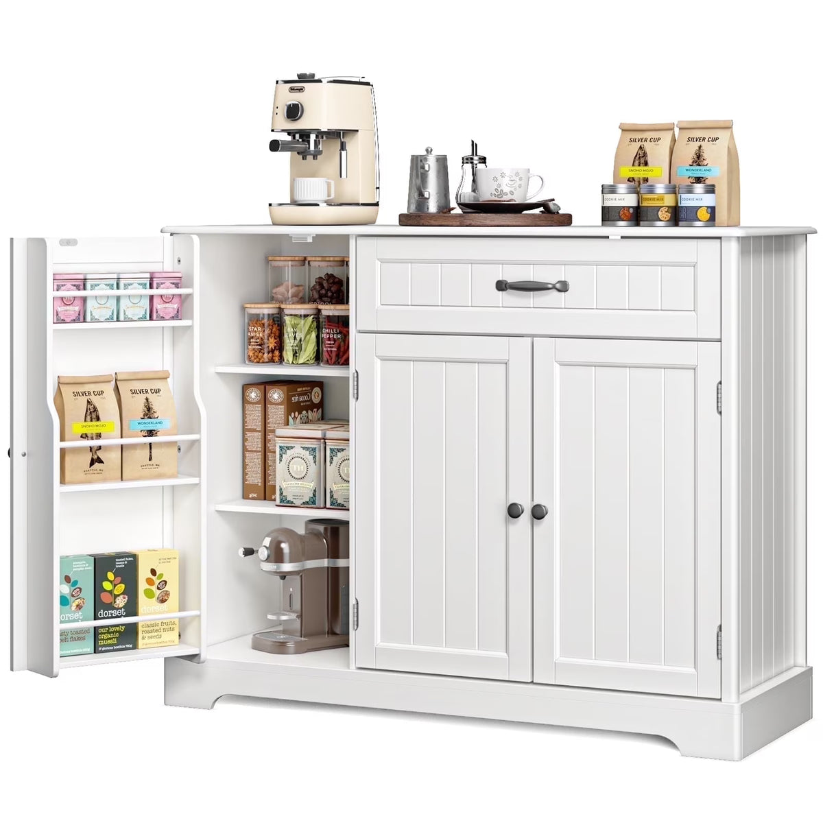 Coffee Bar, Lofka 42" Kitchen Storage Cabinet, Sideboard Buffet Cabinet with 8 Shelves, 1 Drawer