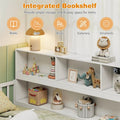 Twin Montessori Floor Bed, Wood Floor Bed Frame with Bookcase, Storage Shelves & Safety Fence Rails for Kids, No Box Spring Needed