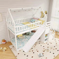 Twin Over Twin Bunk Bed House Design with Slide, Staircases & Storage Compartments, No Box Spring Needed, Wood Twin Floor Bed for Kids Teens