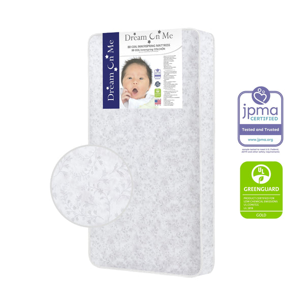 on Me Twinkle 5 88 Coil Crib and Toddler Mattress. Morning Mist Floral. Greenguard Gold Certified